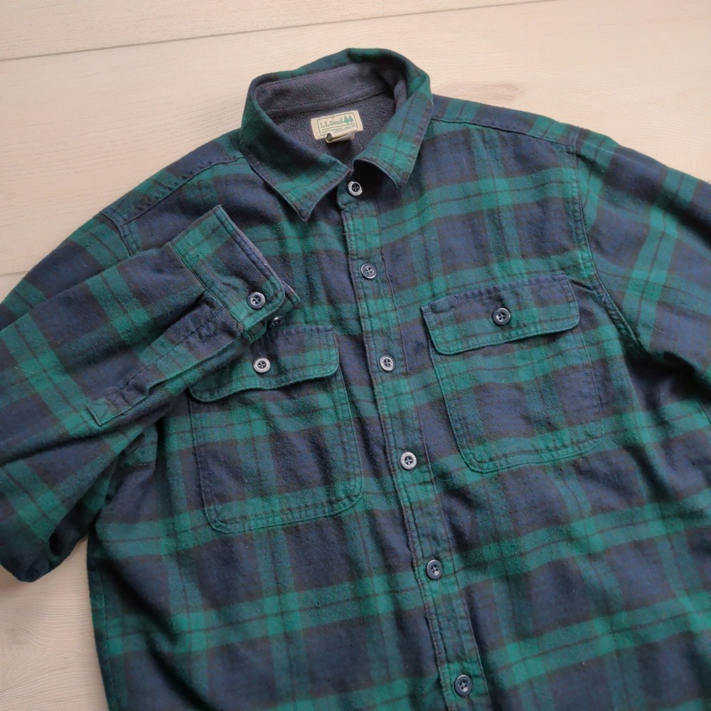 LL Bean Fleece Lined Flannel Shirt Mens M Jacket Black Watch Plaid Green Navy
